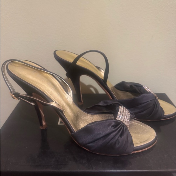 Escada Black and Gold Heels with Rhinestone Bow - Picture 2 of 5